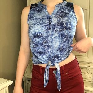 💐Blue Bandana/Paisley Print Tie-up Tank Top